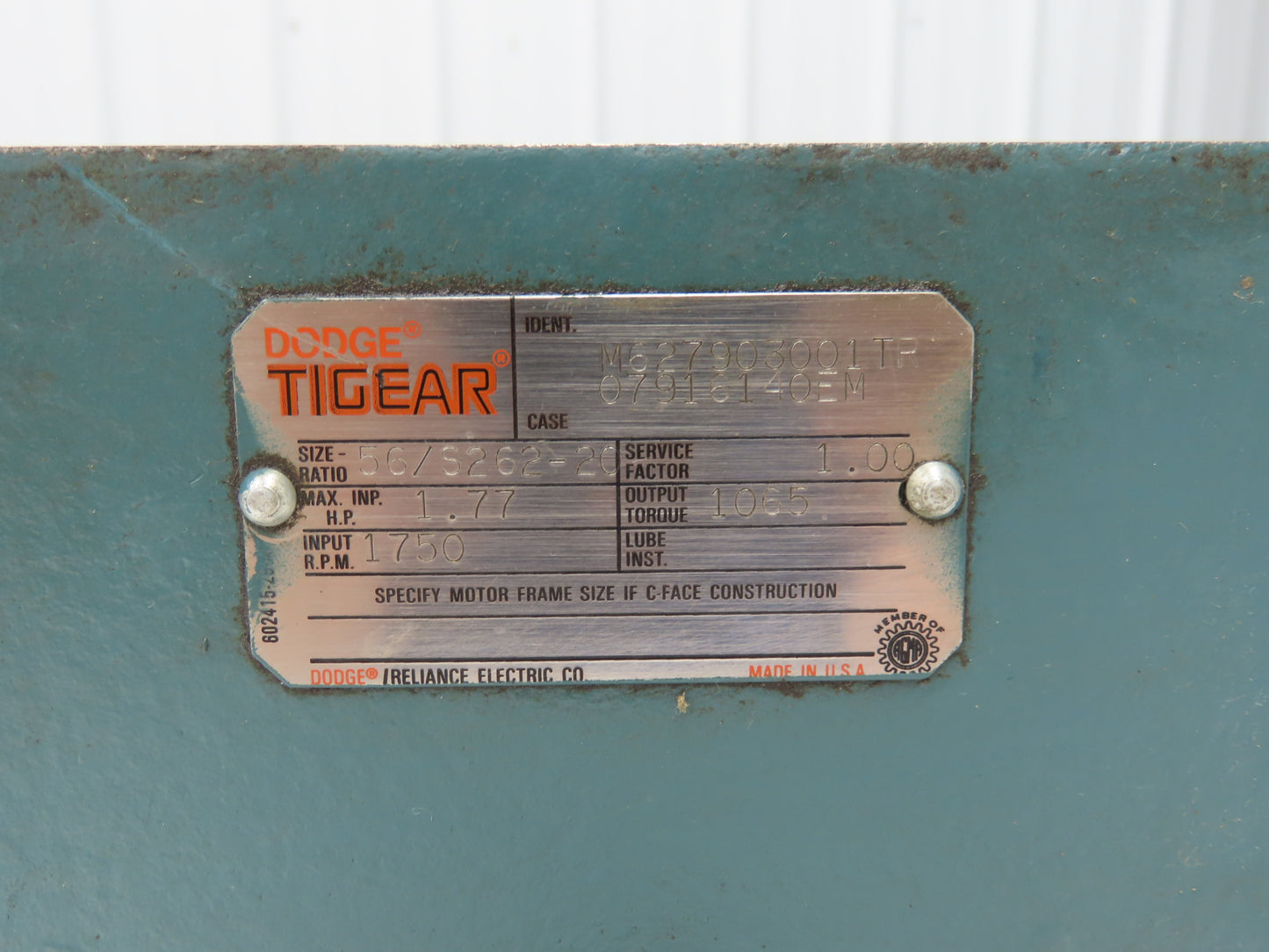 Dodge Tigear 56/S262-20 Worm Gearbox 20:1 Reducer 1.77Hp 88rpm 56C LH *Bad Seal*