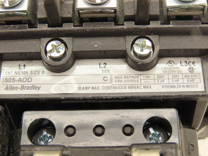 Allen Bradley 505-AOD Reversing Starter 120V Coil 5HP 18A 600V 3PH Size 0  Ser C