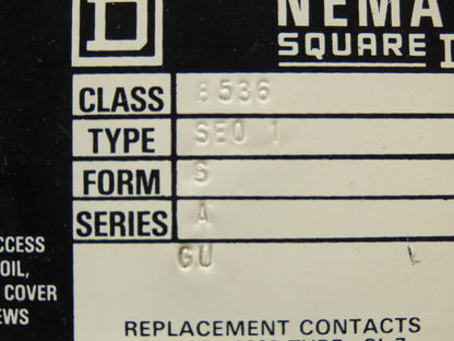 Square D 8536 SE01S NEMA Size 3 Motor Starter Contactor 50Hp 600V 3PH 120V Coil