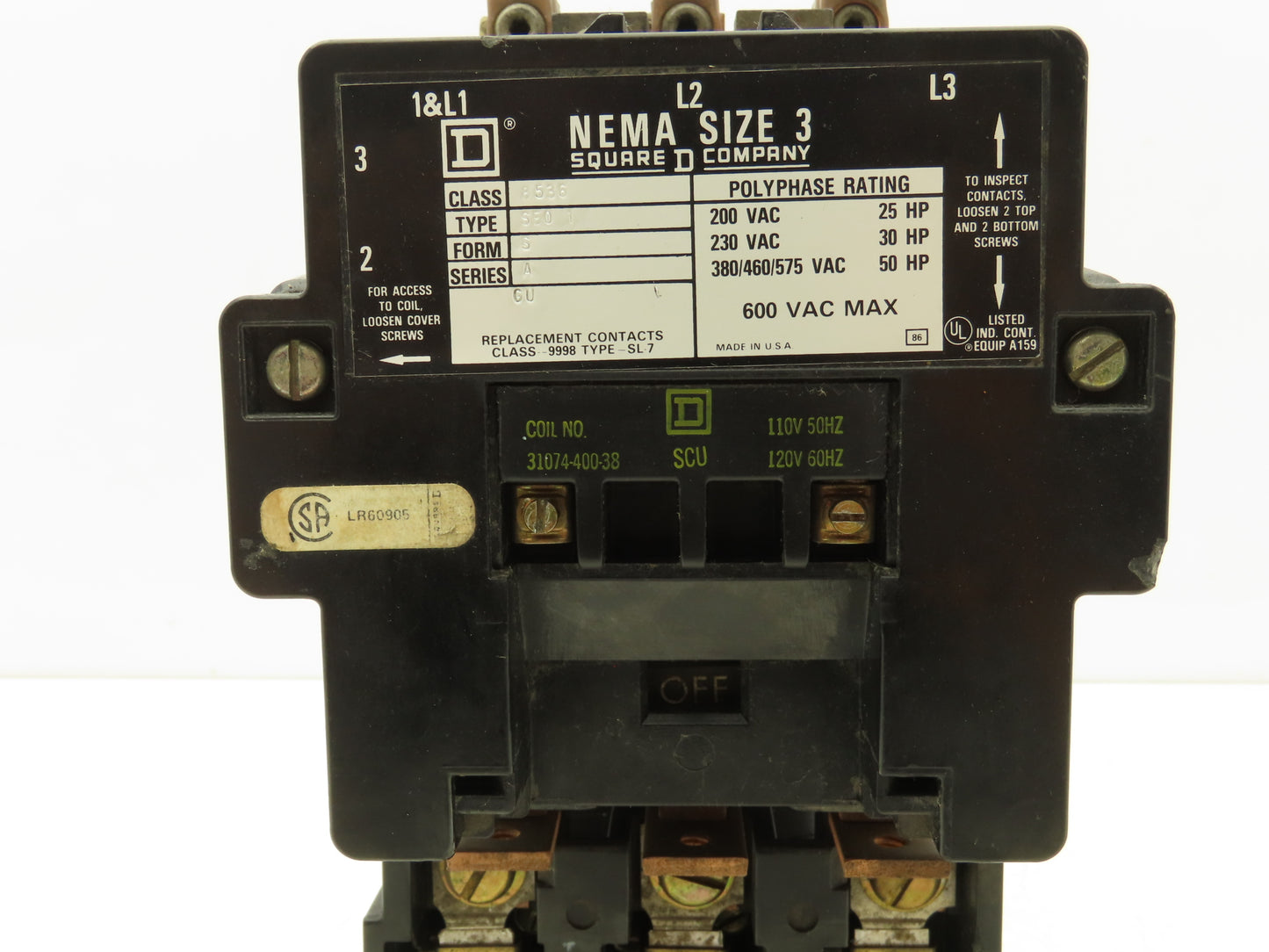 Square D 8536 SE01S NEMA Size 3 Motor Starter Contactor 50Hp 600V 3PH 120V Coil