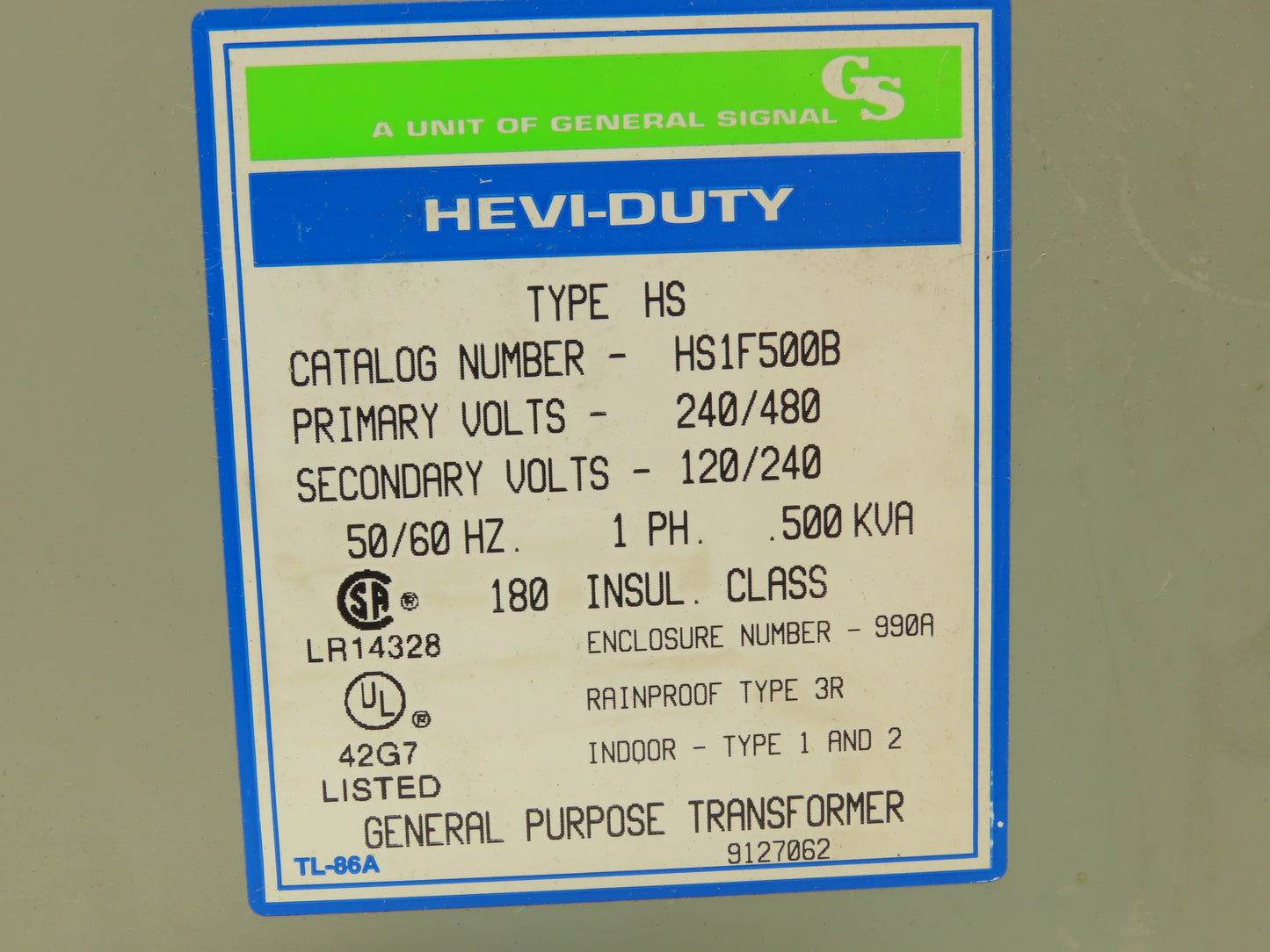 Hevi-Duty HS1F500B Step Down Transformer .500kva 240/480V - 120/240V 1PH 3R