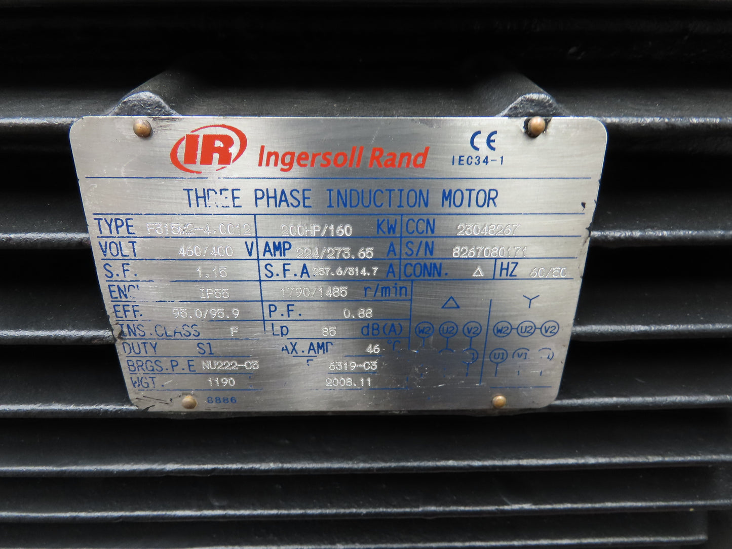 Ingersoll Rand Air Compressor Motor 200Hp 160kw 460V 3Ph R15IU 875CFM 1790RPM