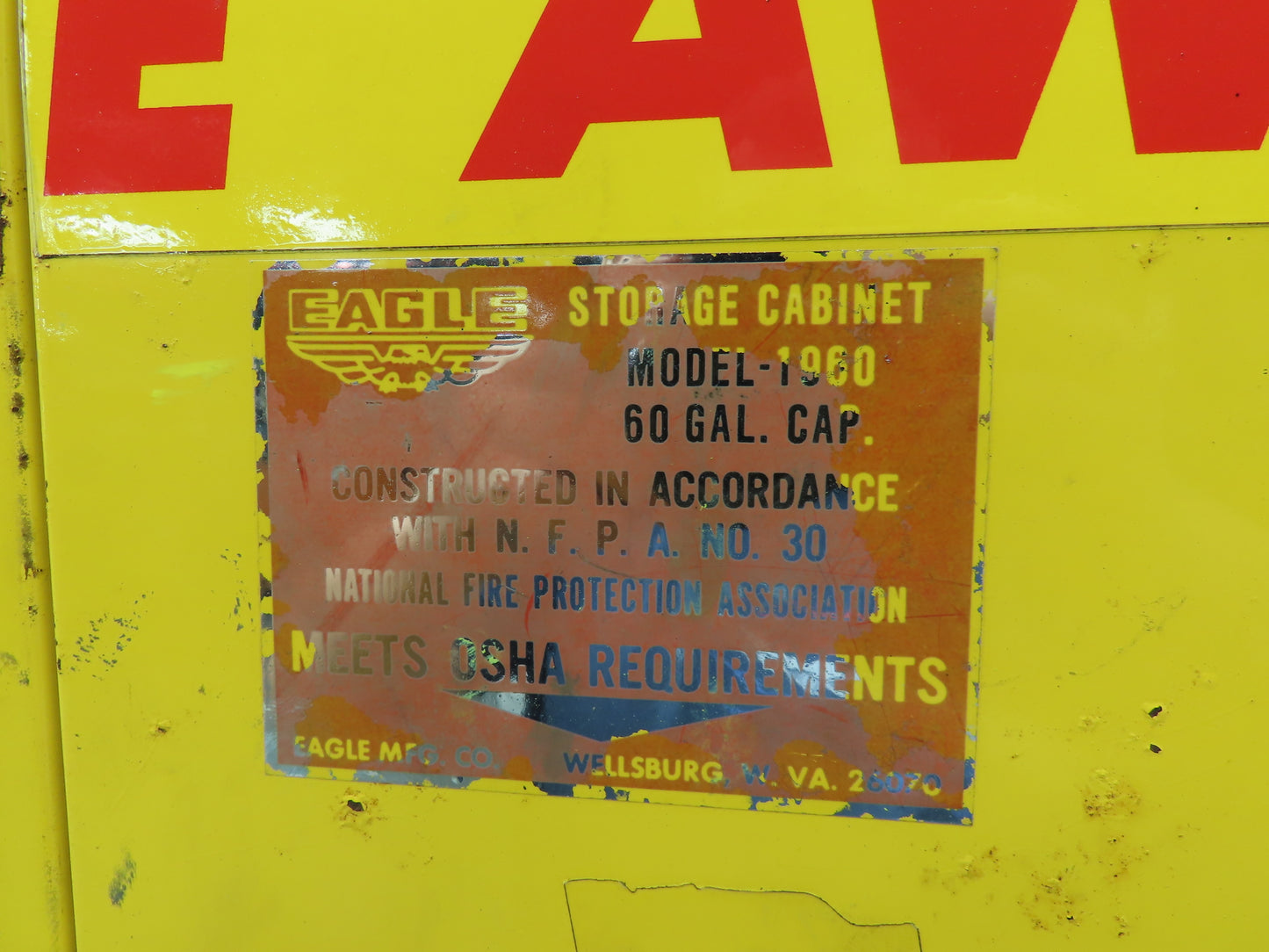 Eagle Flammable Liquid Safety Cabinet Yellow Bi Fold Door 60 Gal Self Closing