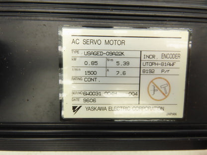 Yaskawa USAGED-09A22K AC Servo Motor 0.85kW 3PH 1500 RPM Encoder UTOPH-81AWF
