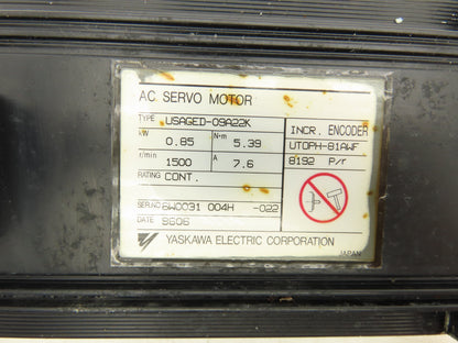 Yaskawa USAGED-09A22K AC Servo Motor 0.85kW 3PH 1500 RPM Encoder UTOPH-81AWF