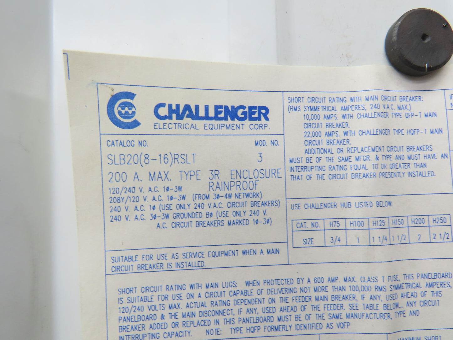 Challenger SLB20 Breaker Load Center Enclosure 200A 120/240V 1PH 3R Rainproof