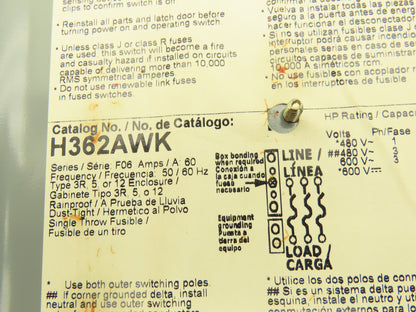 Square D H362AWK Fusible Safety Disconnect Switch 60A 600V 3 Pole