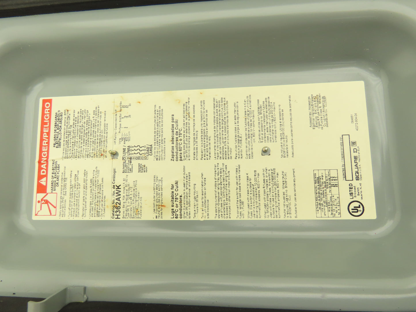 Square D H362AWK Fusible Safety Disconnect Switch 60A 600V 3 Pole