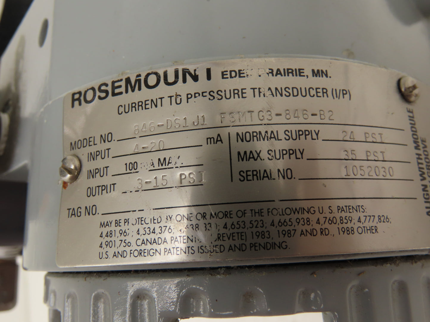 Rosemount 846-DS1J1 Current to Pressure Transducer  W/Regulator 35PSI Max Input
