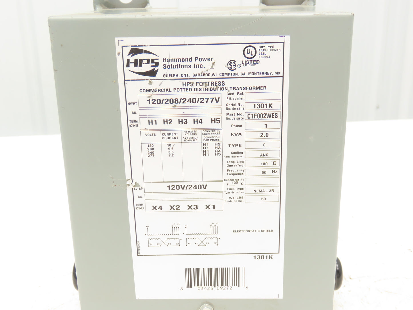 Hammond HPS Fortress C1F002WES Transformer 2kva 120/208/240/277V 1Ph 3R