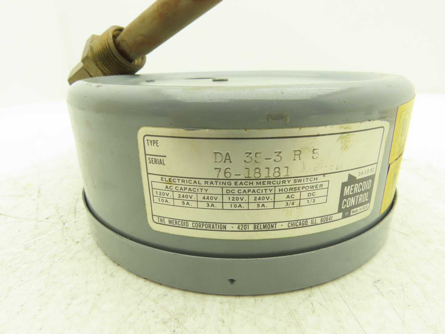 Mercoid Control DA 35-3 R 5 Pressure Switch Mercury 100-200F 120-440V AC/DC