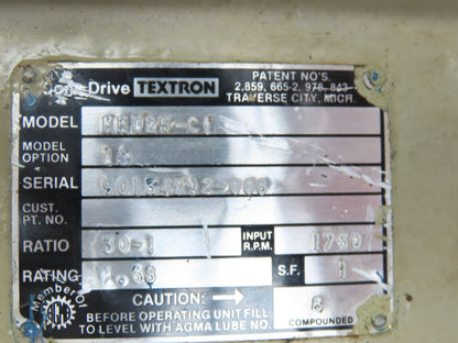 Cone Drive MHU25-C1 Worm Gearbox 30:1 Reducer 58rpm 140TC