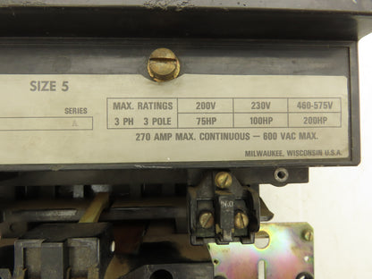 Allen Bradley 509-F0B Motor Starter Contactor 200Hp 600VAC 3Ph 480V Coil Size 5