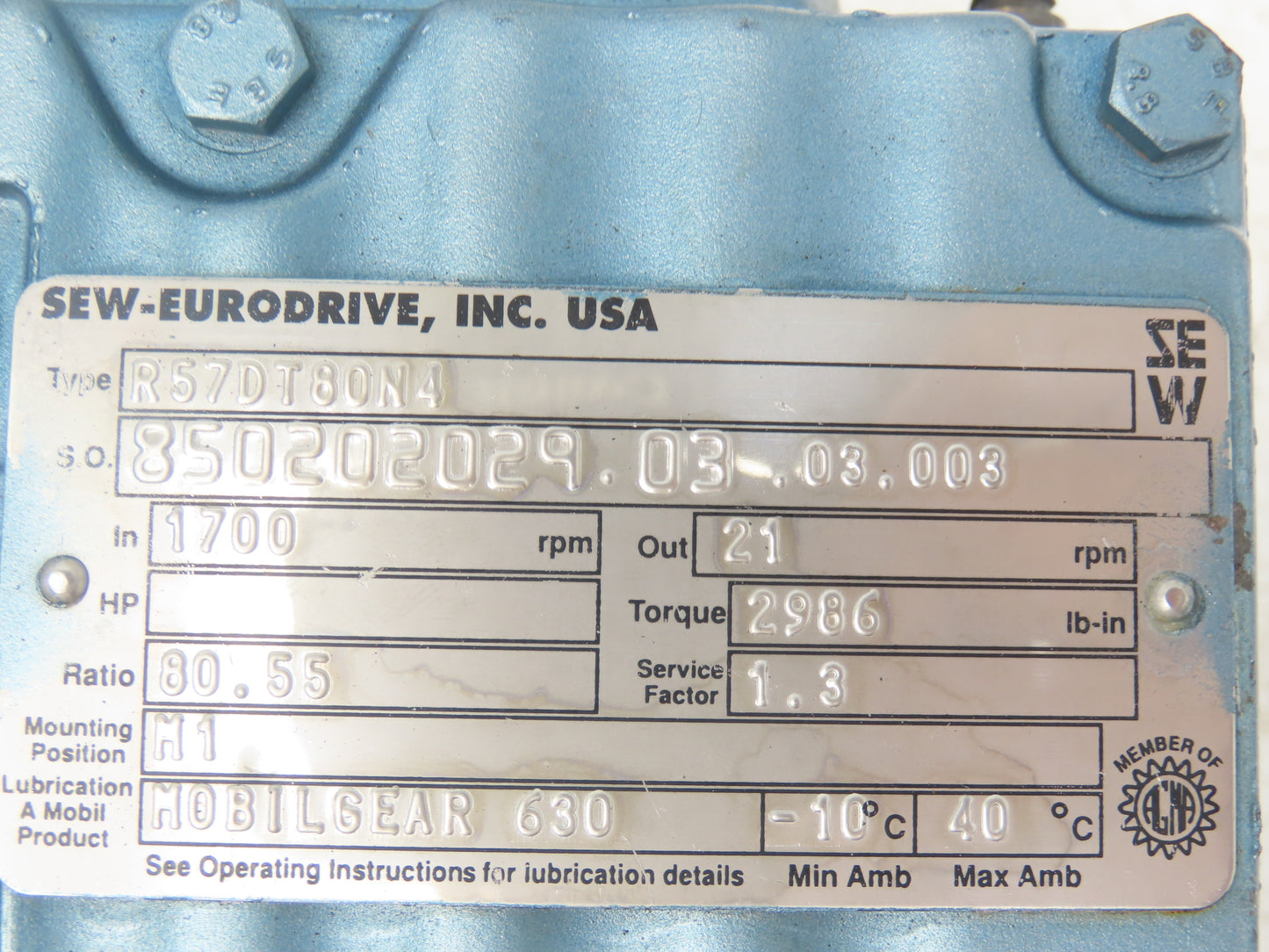 Sew Eurodrive R57DT80N4 Inline Gearmotor 80.55 Ratio 21rpm 1Hp 230/460V 3PH