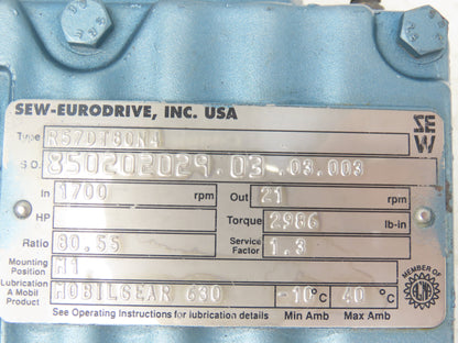 Sew Eurodrive R57DT80N4 Inline Gearmotor 80.55 Ratio 21rpm 1Hp 230/460V 3PH