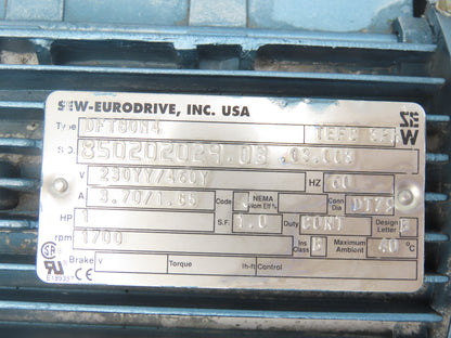 Sew Eurodrive R57DT80N4 Inline Gearmotor 80.55 Ratio 21rpm 1Hp 230/460V 3PH