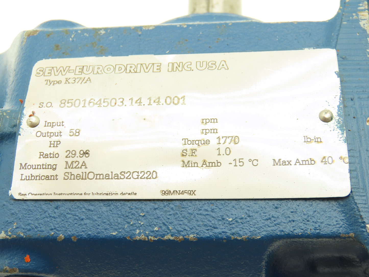 Sew-Eurodrive K37/A Gearbox for Gearmotor 29.96 Reducer 58rpm LH Output