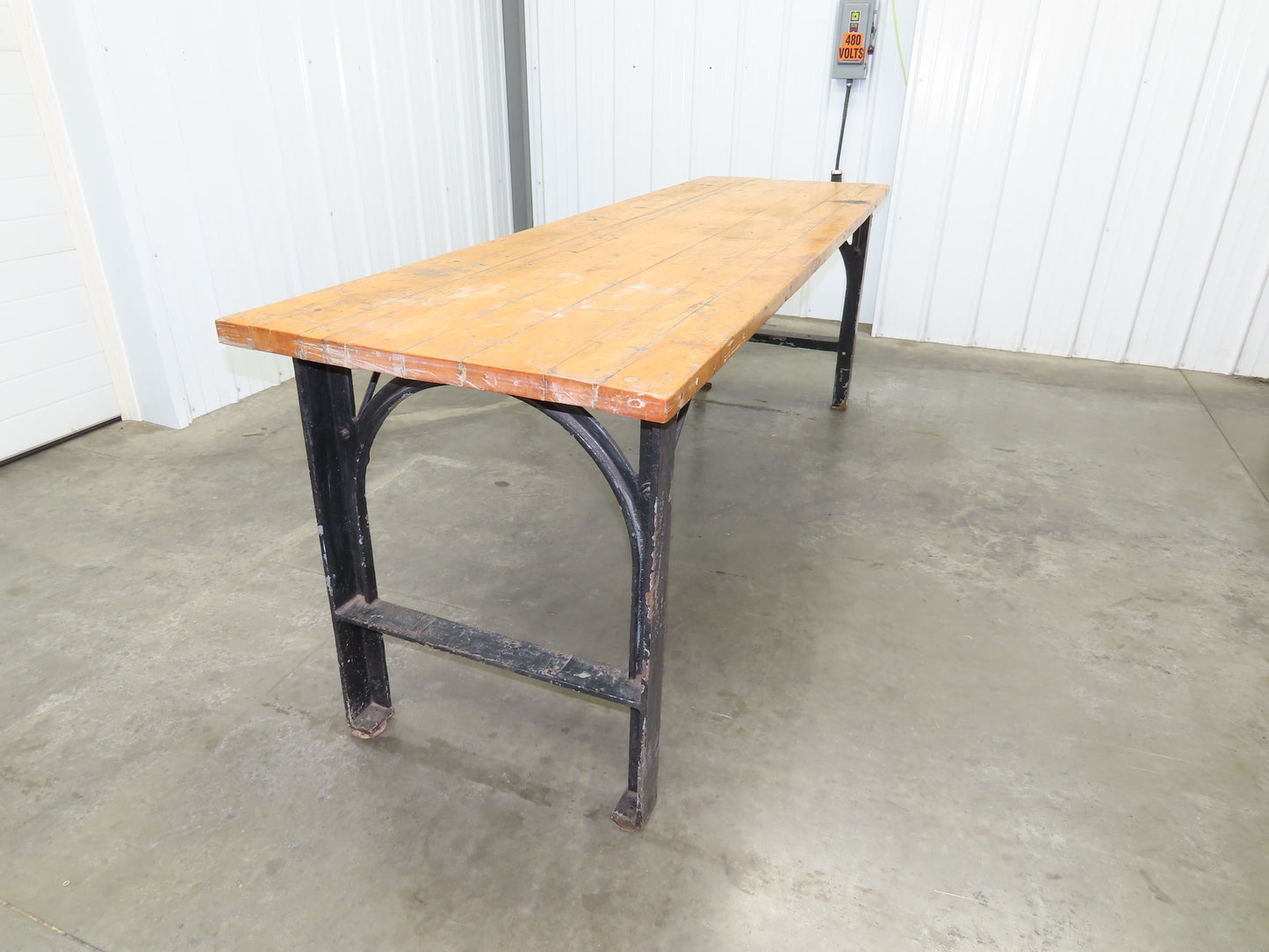 8' X 28" Butcher Block Top Workbench Table Cast Iron Legs Wood VTG Steampunk