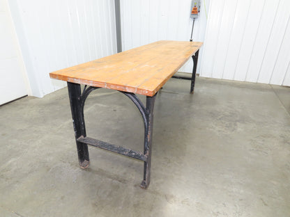 8' X 28" Butcher Block Top Workbench Table Cast Iron Legs Wood VTG Steampunk
