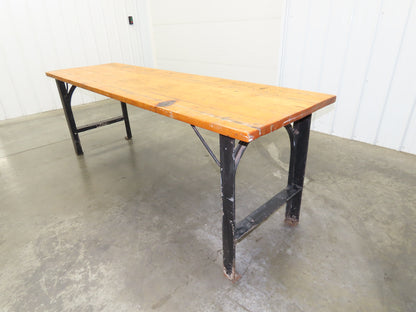8' X 28" Butcher Block Top Workbench Table Cast Iron Legs Wood VTG Steampunk