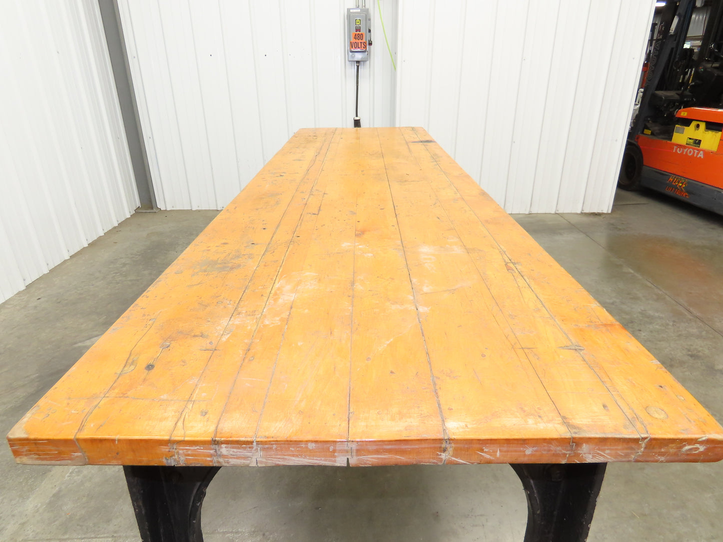 8' X 28" Butcher Block Top Workbench Table Cast Iron Legs Wood VTG Steampunk