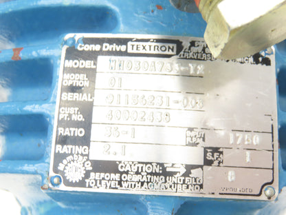 Cone Drive MH030A733-Y2 Worm Gearbox 36:1 Reducer 48 RPM 2Hp RH Output