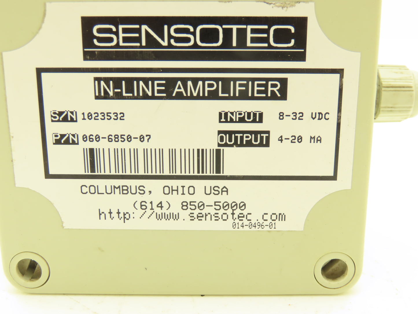 Sensotec 060-6850-07 In Line Amplifier Input 8-32VDC Output 4-20MA