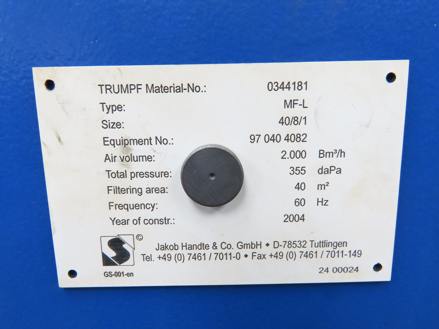 Jakob Handte MF-L 40/8/1 Trumpf CNC Laser Dust Collector Surface Filter 2 bm3/h