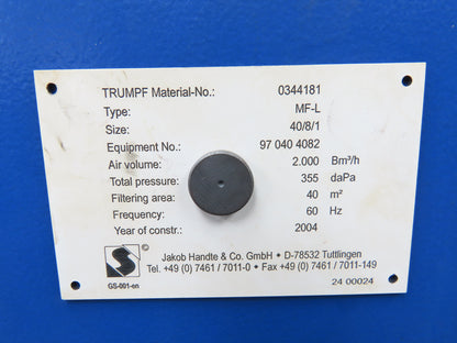 Jakob Handte MF-L 40/8/1 Trumpf CNC Laser Dust Collector Surface Filter 2 bm3/h
