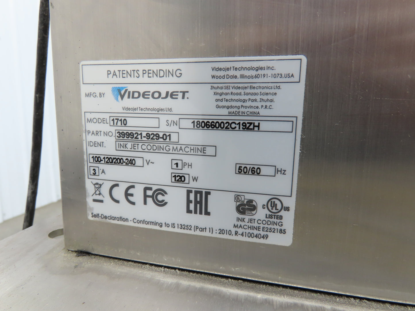 Videojet 1710 Color Pigment Inkjet Printer Coding Machine Single Print Head