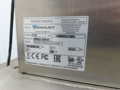 Videojet 1710 Color Pigment Inkjet Printer Coding Machine Single Print Head
