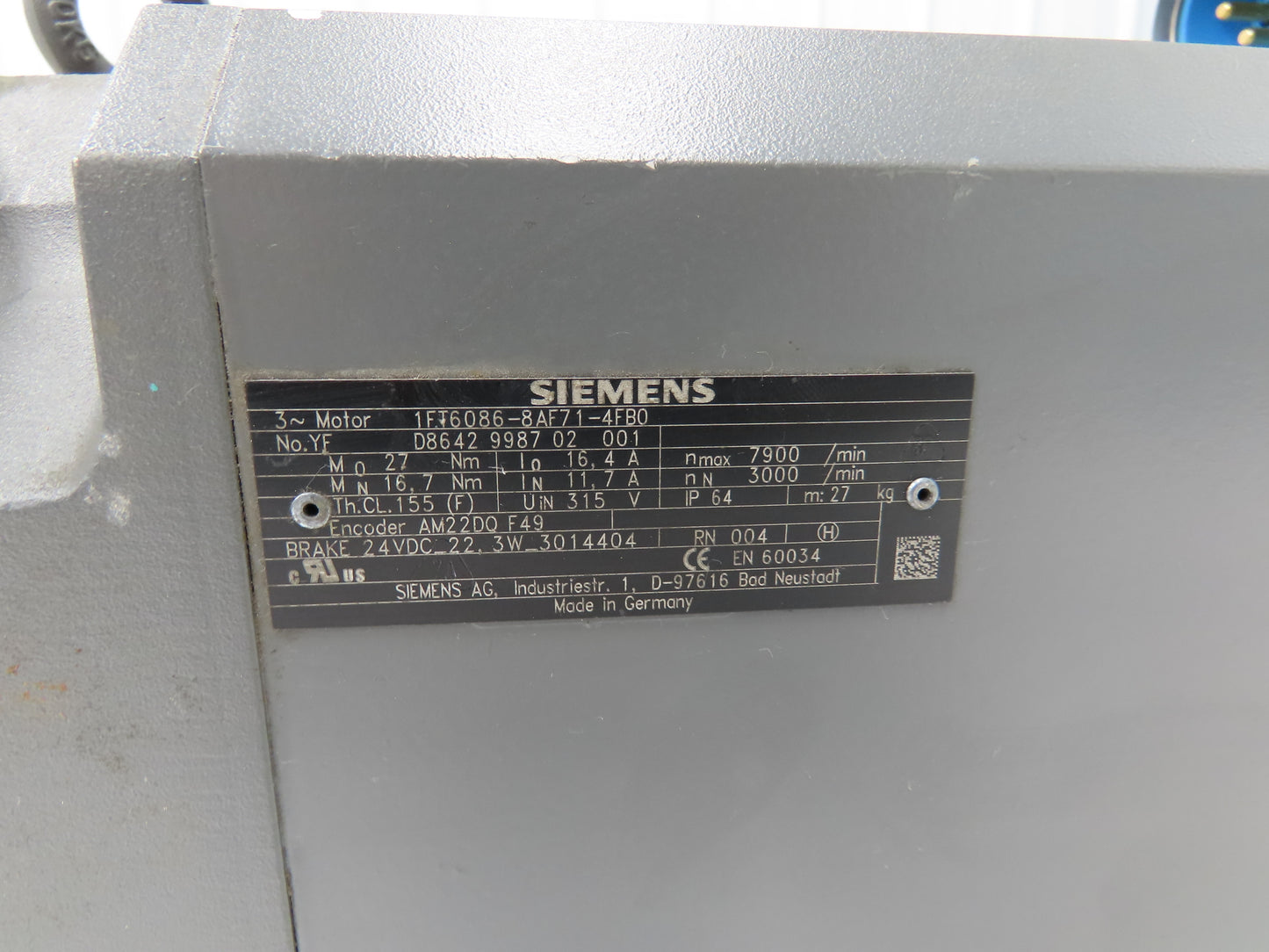 Siemens 1FT6086-8AF71-4FB0 SIMOTICS S Servo Motor 315V 27 Nm 7900RPM 24VDC Brake