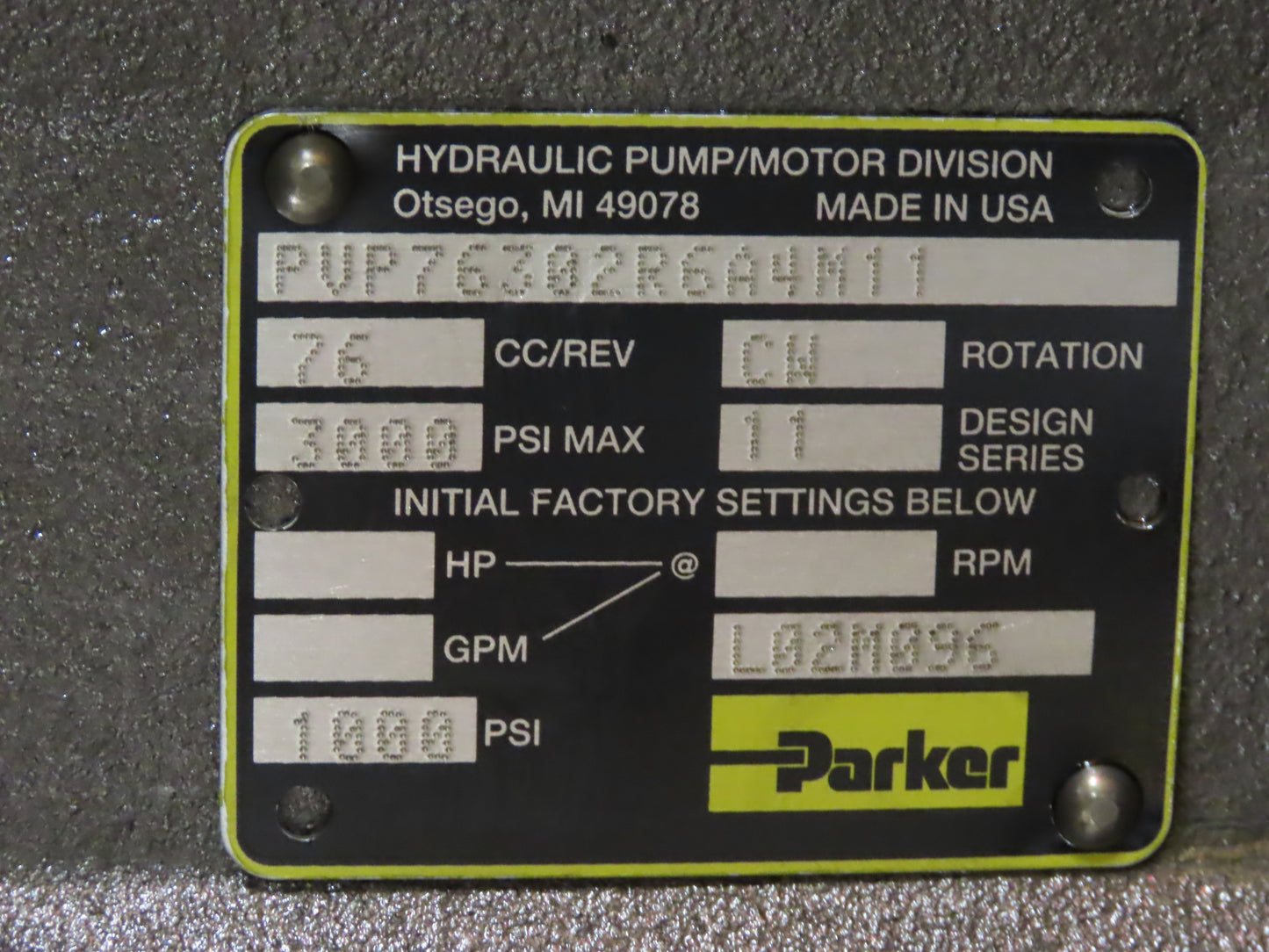 Parker PVP76302R6A4M11 Hydraulic Power Unit 35GPM 3000PSI 150 Gal Water Cooled