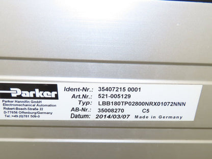 Parker 521-005129 Belt Driven Linear Actuator 2800mm Stoke Rodless Servo 180mm W