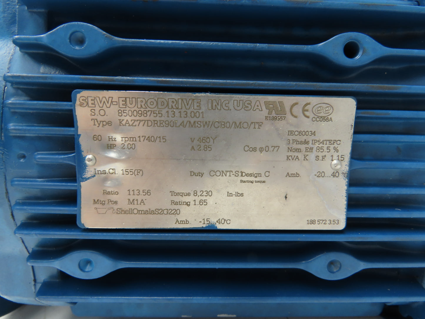 Sew Eurodrive KAZ77DRE90L4/MSW/CB0/MO/TF AC Motor 2Hp 1740rpm 460V 3PH DRE90L4