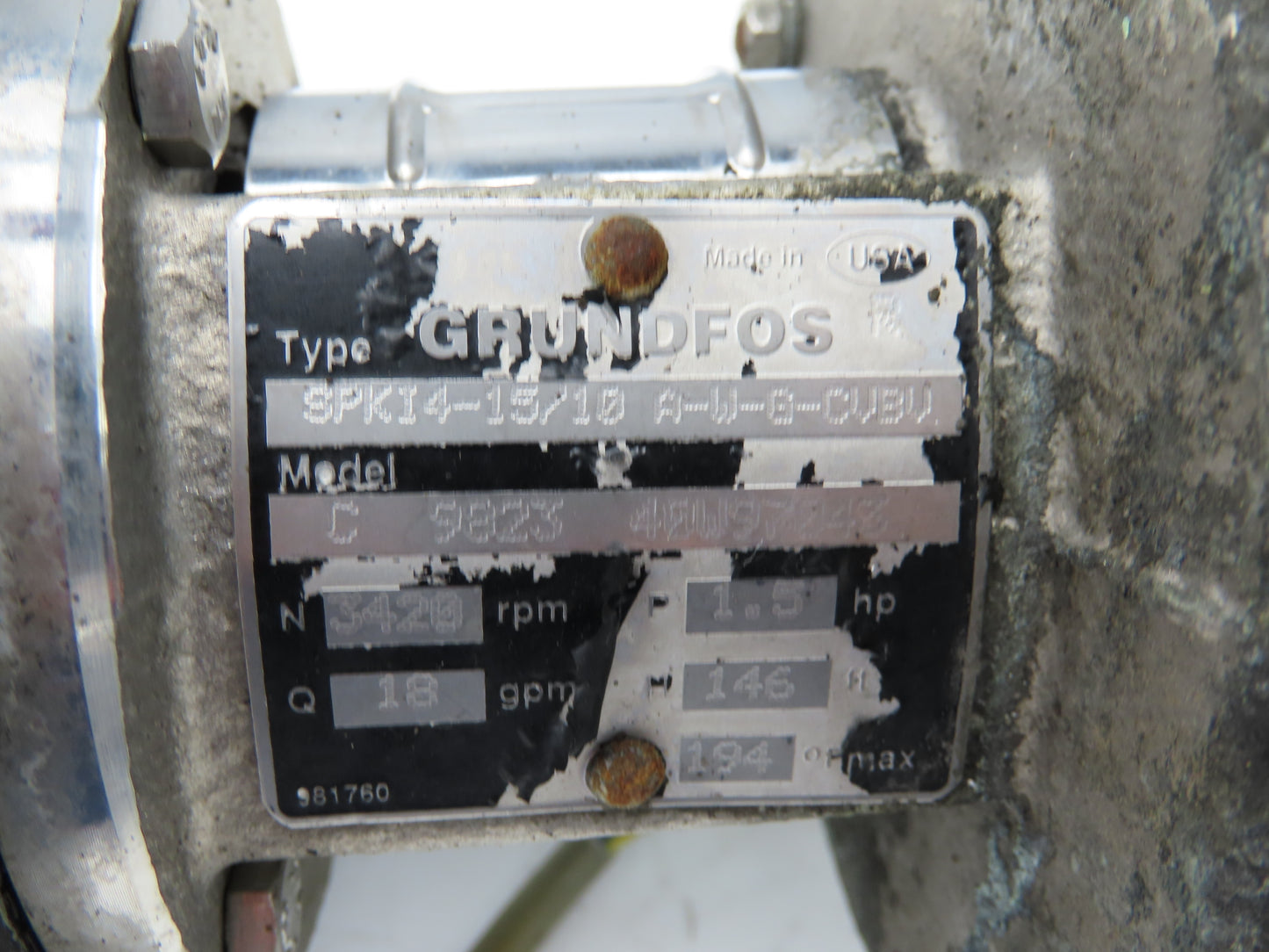 Grundfos SPKI4-15/10 A-W-G-CVBV Coolant Pump 18GPM 1.1kw 230/460V 3PH 3/4"NPT