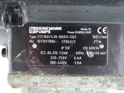 Brinkmann TC160/430-B60X Coolant Pump 160L/min 1.5kw 230/460V 3PH 1.25"NPT Brass