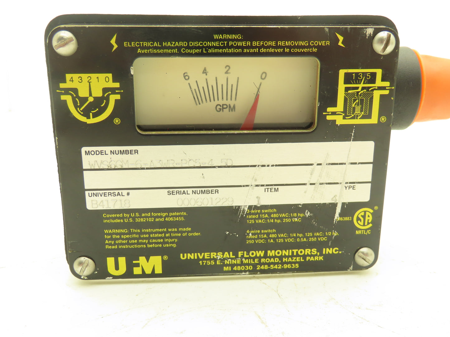 UFM WVS6GM-6-A3WR-PC5-4.5D Universal Flow Meter Type 4 Monitor 3/4" NPT 3 Wire