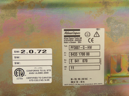 Atlas Copco PF3007 G-HW Tensor S4/S7 Nutrunner Drive Torque Controller