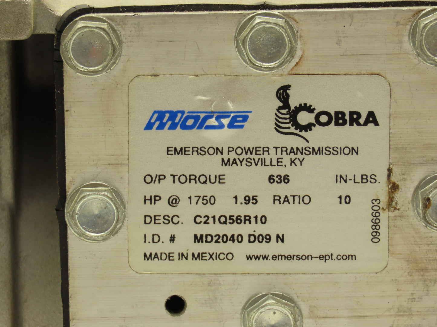 Morse Cobra C21Q56R10 Worm Gearbox 10:1 Reducer 2Hp 175rpm 56C RH Aluminum