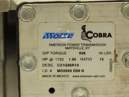 Morse Cobra C21Q56R10 Worm Gearbox 10:1 Reducer 2Hp 175rpm 56C RH Aluminum