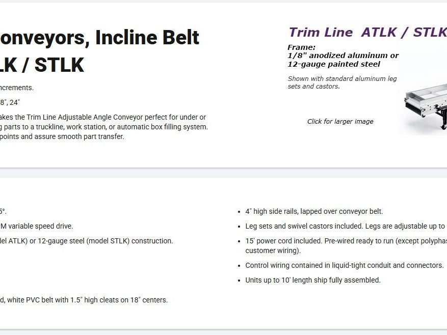 EMI Plastics Adj Incline Portable Belt Conveyor 20-45° 115V 1PH Adj Speed Drive