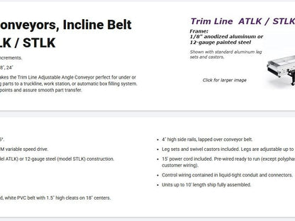EMI Plastics Adj Incline Portable Belt Conveyor 20-45° 115V 1PH Adj Speed Drive