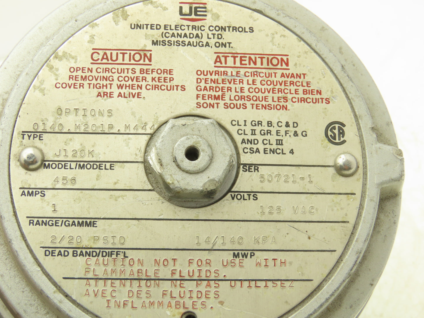 United Electric Controls J120K Pressure Switch 125VAC 456A 2/20PSID 3/4"NPT