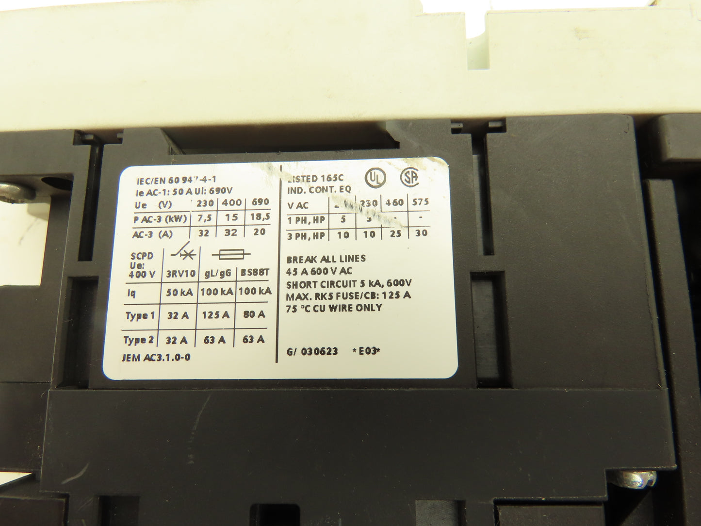 Siemens 3RA1135-4ES34-1AK6 Combo Starter 600VAC 45A 3Ph Sirius Motor Protector