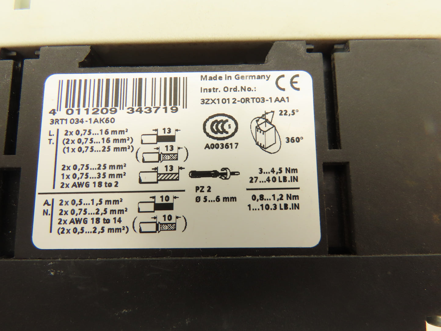 Siemens 3RA1135-4ES34-1AK6 Combo Starter 600VAC 45A 3Ph Sirius Motor Protector