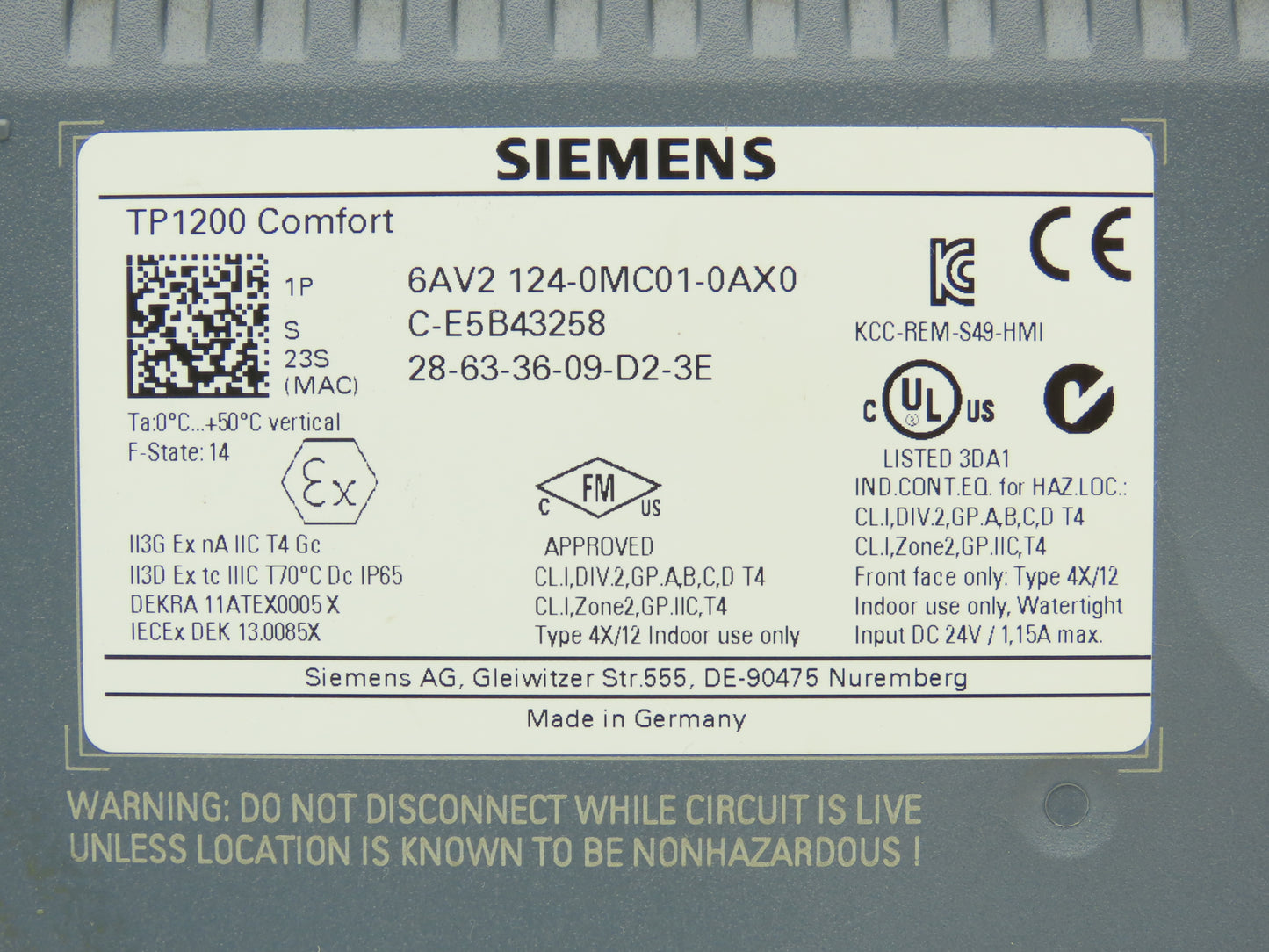 Siemens 6AV2 124-0MC01-0AX0 Simatic HMI Touch Screen Control Panel TP1200