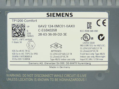 Siemens 6AV2 124-0MC01-0AX0 Simatic HMI Touch Screen Control Panel TP1200