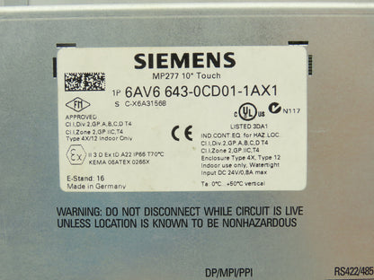 Siemens 6AV6 643-0CD01-1AX1 MP277 Simatic 10" HMI Touch Screen Control Panel