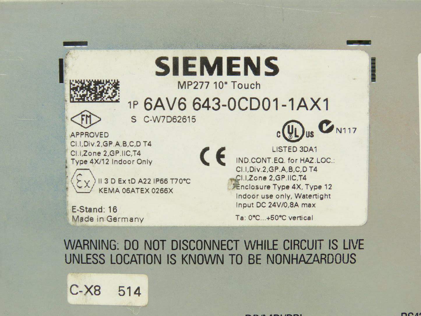 Siemens 6AV6 643-0CD01-1AX1 MP277 Simatic 10" HMI Touch Screen Control Panel